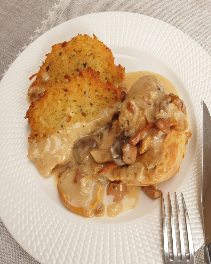 Poulet au riesling, farandole de champignons et Pennes