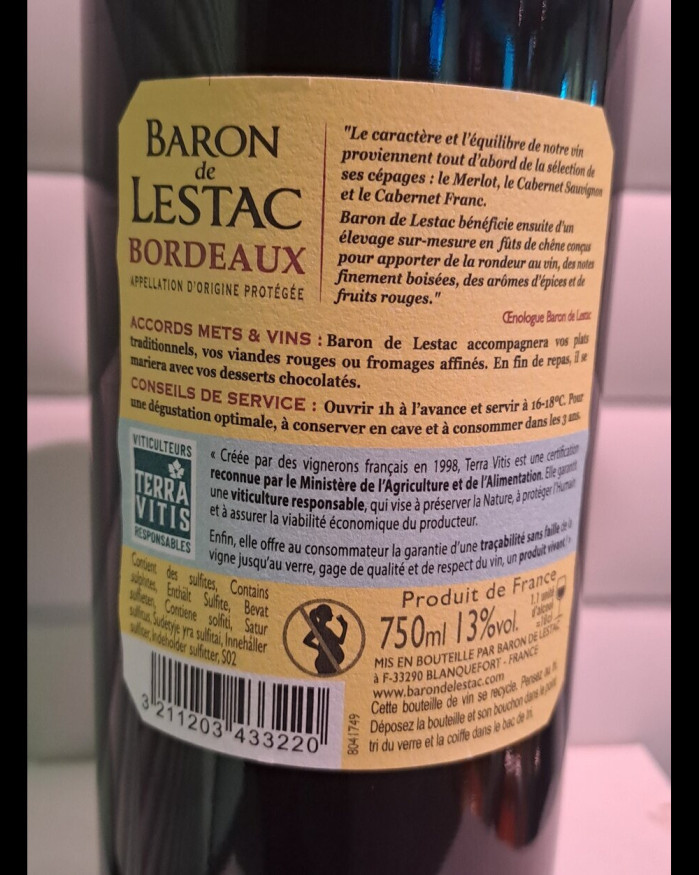 Vin rouge Bordeaux Baron de Lestac 75cl